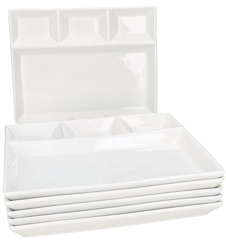 MamboCat 6er Set Fondueteller I Porzellan weiß I rechteckig mit 4 Fächern I 23 x 18 cm I unterteilter Teller für Fondue, Raclette, Snacks & Beilagen