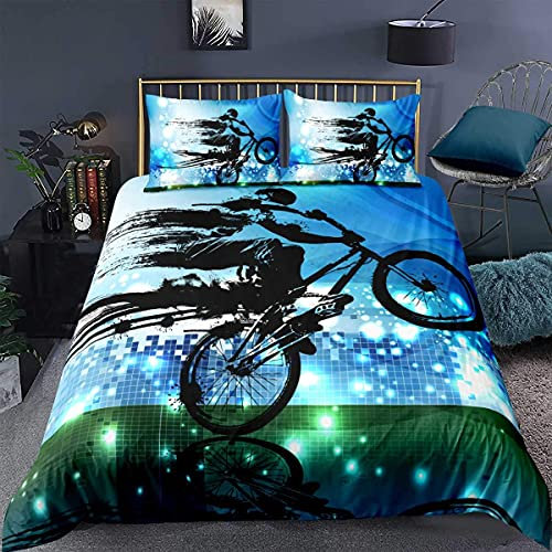 Loussiesd Jungen Bettbezug Set Dirt Bike Sport Bettwäscheset 135x200cm BMX Rider Silhouette Blau Grün Extreme Fahrrad Bettwäsche 2 Stück für Kinder Männer Mikrofaser Betten Set