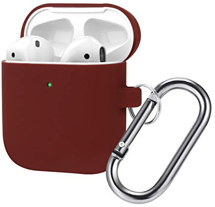 UEEBAI Custodia in Silicone per Airpods, Morbido Silicone AirPods Copertura Supporta Ricarica Wireless Frontale LED Visibile Durevole AirPods Cover Con Cinturino Da Mano - Rosso Scuro