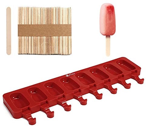 Vinsani Ice Lolly Moulds Silicone 8 Cavity Ice Cream Lolly Mould, Ice Lolly Makers with 50 Sticks, Food Grade BPA Free Ice Cream Mould for Frozen Popsicle Tray DIY Layer Ice Cream Lolly Tray - Red