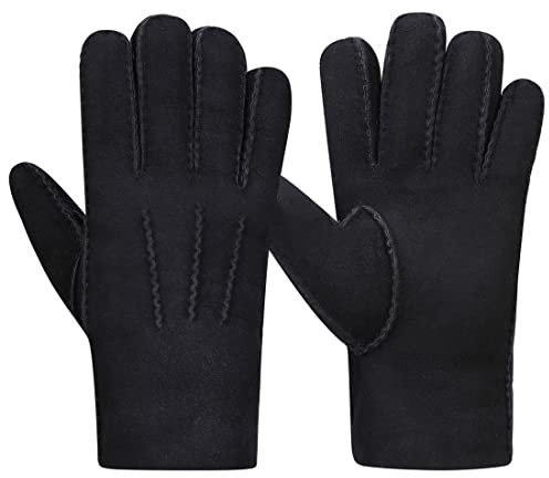 Harssidanzar Winter Herren Lederhandschuhe,Wildleder Lammfell Shearling Dicke Wolle Gefüttert Beheizte Warme Winter Kaltwetter Kleid Fahrhandschuhe KM043EU, Schwarz, Größe S