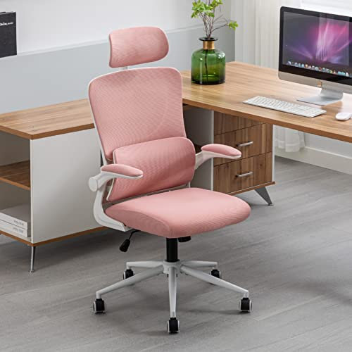 LIYURUI Sedia da ufficio, da scrivania ergonomica, con altezza e poggiatesta regolabili, supporto lombare, rete traspirante, braccioli imbottiti, rosa