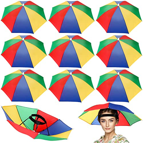 Panelee Umbrella Hat Pack of 10 Colorful Party Hats 20 Inch Hands Free Fun Rainbow Colorful Hats for Beach Party Camping Outdoor Sun Rain Protection Adjustable Size Fits All Ages Kids Adults