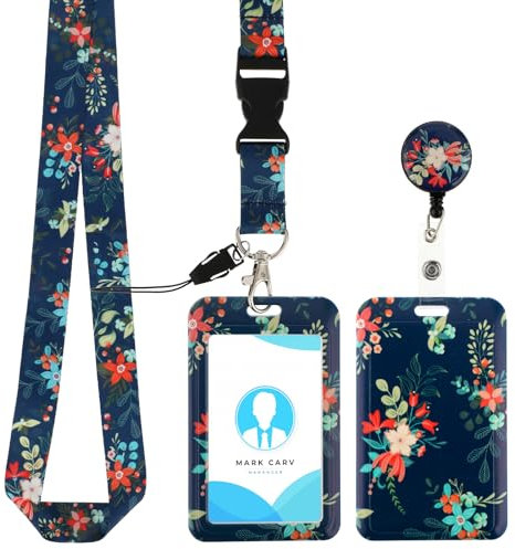 Amabro Porte badge d'identification en forme de fleur avec cordon, clip rétractable avec cordons réglables cordon de cou durable pour le personnel de bureau les étudiants les employés(bleu foncé)