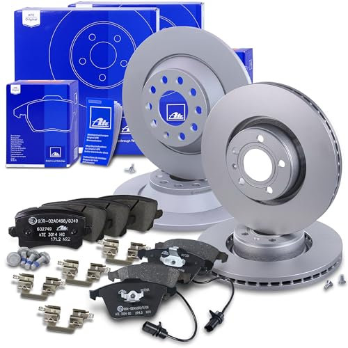 ATE Bremsenset inkl. Bremsscheiben vorne Ø 321 mm belüftet + hinten Ø 302 mm voll und Bremsbeläge vorne + hinten und Verschleißkontakt Kompatibel mit AUDI A6 C6 (4F2), A6 C6 Avant (4F5)