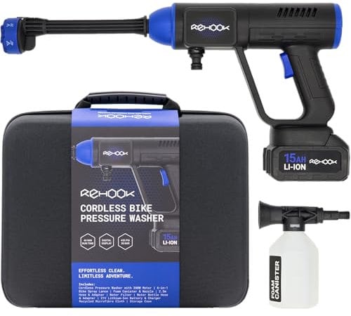 Rehook Cordless Bike Pressure Washer - Portable Jet Wash Cleaning Kit for Road, Gravel, MTB Cyclists, High-Flow Power 435PSI/30bar with Brushless Motor, 6-in-1 Short Spray Lance Nozzle, 15Ah Battery