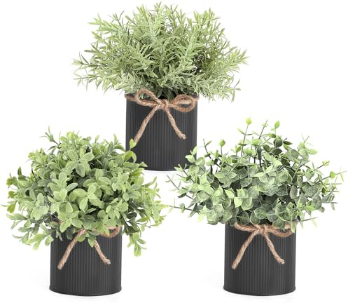 Mkono Mini Fake Plants in Farmhouse Galvanized Metal Pots Table Centerpiece Rustic Home Decor, 3 Pack Potted Artificial Plants Faux Eucalyptus for Shelf Indoor Dining Room Office (Black, 3 inch)