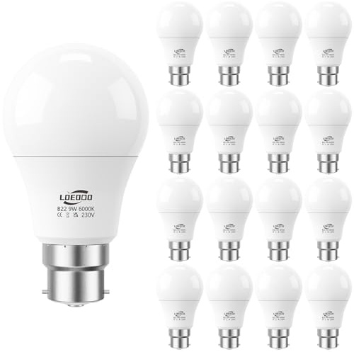LOEODO B22 Bayonet Light Bulb 9W=60W, 6000K Cool White, 806LM, Pack of 16