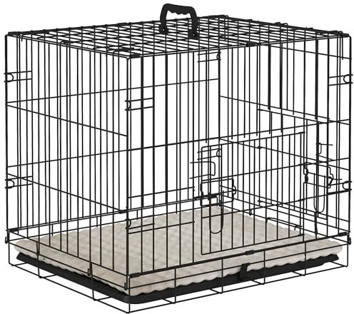 PawHut Dog Crate, Folding Metal Dog Cage with Two Doors, Tray, Soft Cushion, for Extra Small Dogs, 60 x 40 x 50 cm, Black