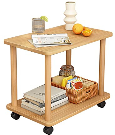 Fiauli Beistelltisch, Beistelltisch, rollbarer aus Holz auf Rädern ohne Beine, schmaler Nachttisch, drehbar, 2 Etagen, offenes Regal, Sofa, Kleiner Tee-Couchtisch mit Rollen für