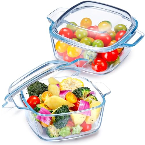 NUTRIUPS 2Pack 1L Glass Casserole Dish for Oven with Lid, Square Mini Glass Casserole Cookware with Lid