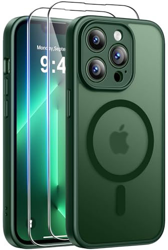 Qasyfanc for iPhone 13 Pro Case, Compatible with MagSafe, Dark Green | Anti-Yellowing, 2 Tempered Glass Screen Protector, Full Camera Protection, Scratch Resistant, Shockproof Protection