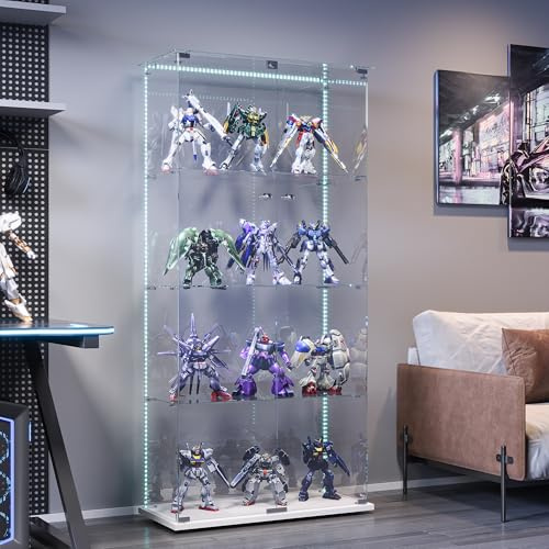 BPKADHY Glasvitrine Standvitrine mit LED,Modern Glas Vitrinenschrank für Sammlerstücke Bücher Wein,4 Glasböden & 2 Türen abschließbar,163x78x35 cm, Weiß (Weiß, 2 Tür 4 Lagen LED-Lichtleiste)
