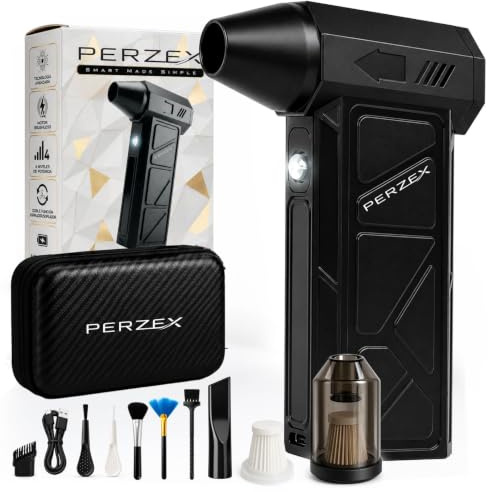 PERZEX - Soplador de Aire Potente Pro 130000 RPM con Aspirador y Batería Larga Duración – Solución para Eliminar Polvo en Electrónica, Coche y Hogar – Soplador de Aire para Pc