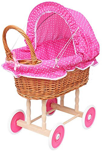 FORYOURPROTECTION Puppenwagen aus Weide Holz Weidenwagen Kinderwagen Weidenpuppenwagen Verschieden Motive (ROSA | mit Punkten)