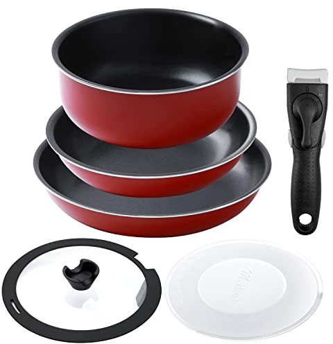 Töpfe und Pfannenset, Motase 6 Teiliges Antihaft Kochgeschirr Set mit Abnehmbarem Griff Leichtes Aluminium Induktionsgeeignet Rot