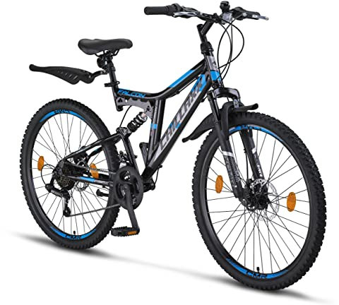 Chillaxx Bike Falcon Premium Mountainbike in 24 und 26 Zoll - Fahrrad für Jungen, Mädchen, Damen und Herren - Scheibenbremse- 21 Gang-Schaltung - Vollfederung (26 Zoll, Schwarz-Blau Disc-Bremse)