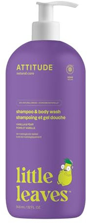 ATTITUDE Shampooing et Gel Douche Enfant, certifié EWG, nettoyant cheveux et corps, testé dermatologiquement, à base de plantes et minéraux, végan, Vanille & Poire, 946 mL