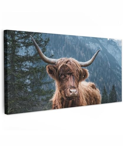MuchoWow Leinwand Bilder, Einzigartige Wanddeko mit Rahmen, Schottische Highlander - Bäume - Berge, Wandbilder Wohnzimmer, Deko Schlafzimmer 80x40 cm