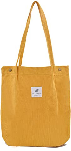 Damen Große Handtasche Kord Shopper Cord Tote Bag für Bücher Reisen Alltag Schule Arbeit Einkaufstasche für Mädchen 40x41cm gelb