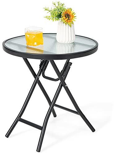 GOPLUS Mesa plegable exterior con tapa de cristal de 46 cm, mesa baja exterior redonda portátil con tapa de cristal templado, estructura de acero, ideal para terraza, porche, carga 50 kg
