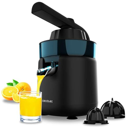 Cecotec Spremiagrumi Elettrico a Braccio Essentialvita Hyden 120. per Arance e Agrumi, 120W, 2 Coni in Plastica Staccabili di Diverse Dimensioni, Manico e Coperchio in Plastica, Capacità 250ml