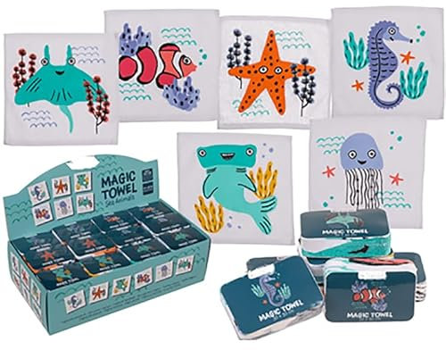 KAMACA 6 er Set Magische Handtücher Baumwolle Zaubertuch für Kinder Zauberhandtuch Mitgebsel Geschenkidee Kindergeburtstag Geschenk Reisen (6er Set Meerestiere)