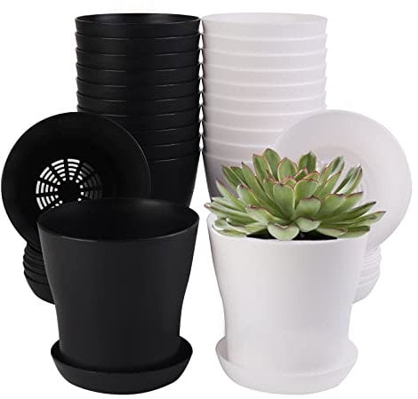 Happybase Pflanztöpfe aus Kunststoff, 10,2 cm, mit Untersetzern, kleine Pflanzgefäße für den Innen- und Außenbereich, Gartenpflanzen, 24 Stück (schwarz + weiß)