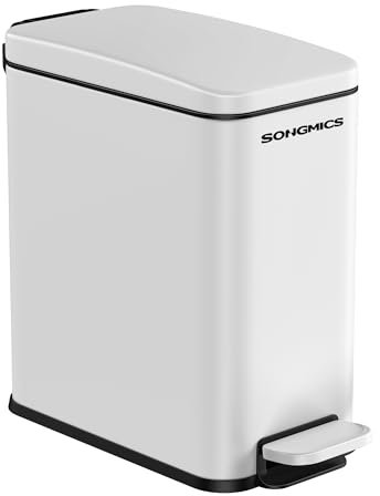 SONGMICS Kosmetikeimer, 10 Liter, Mülleimer Bad, mit Deckel, Tretmülleimer, Abfalleimer klein, schmal für kleine Räume, Stahl, Softclose, weiß LTB561W10
