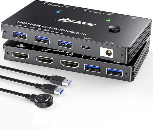 KVM Switch HDMI 8K@60Hz/4K@120Hz, HDMI2.1 KVM Switch für 2 Computer, die sich 1 Monitor und 3 USB3.0-Geräte teilen, Kabelfernbedienung und USB-Kabel im Lieferumfang enthalten