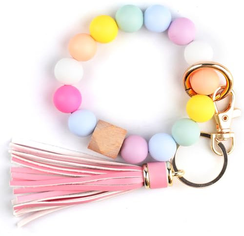 Zxglxinyao Armband Schlüsselanhänger, Silikonperlen Armband Schlüsselbund, Frauen Silikon Perlen Schlüsselanhänger Armreif, Armbänder mit Rosa Quaste für Auto Schlüsselanhänger