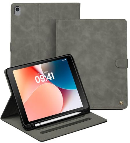LBH Tablethülle für iPad 5/6/Air 1/Air 2 9.7 Zoll in Grau Auto Sleep Wake Standfunktion Mehrfachwinkel Magnetverschluss Edel Vintage Retro Tabletcover