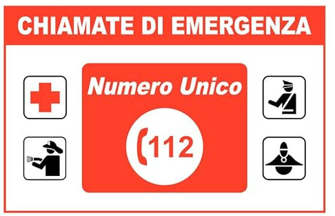 GLOBAL CARTELLO SEGNALETICO - CHIAMATE DI EMERGENZA - NUMERO UNICO 112 - Adesivo Extra Resistente, Pannello in Forex, Pannello In Alluminio (30x42 cm, Alluminio)