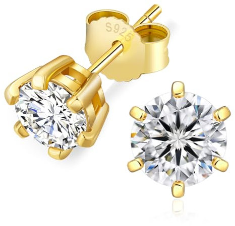 KRKC&CO Moissanite Ohrringe 925 Silber, 1,0 Karat echter runde Moissanit Diamant, VVS1 Reinheit D Farbe, 14K Gelbgold vergoldet allergiefrei, 6-Steg-Krappenfassung, Geschenk für Damen Frauen, 5mm