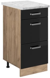 Vicco Meuble Cuisine R-Line, Noir Haute Brillance, 40cm PT Marbre