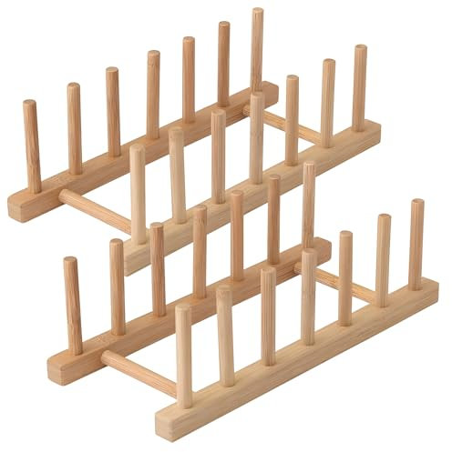 TANGHSE Dish Drainer Rack, 2Pcs Wooden Plate Rack Kitchen Dish Plates Storage Tray Holder Rack Wooden Chopping Board Holder Dish Drying Drainer Rack for Pot Lid, Board, Tableware, Cup, Wine Glass