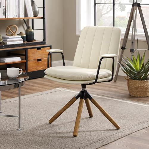 Zouron Kunstleder Schreibtischstuhl Beige Ohne Rollen - Mid Century Modern Drehstuhl, Beige Kunstleder gepolsterter Bürostuhl mit Eichenholzbeine, Holz Akzentsessel für Home Office
