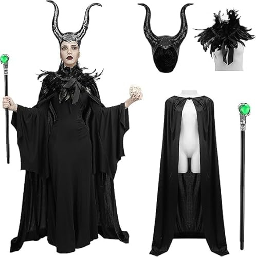 Huraogcos Kostüm Damen Teufelskostüm Federschal Gothic Cape Horn Hut Kopfschmuck Zauberstab Halloween Karneval Party Kostüm
