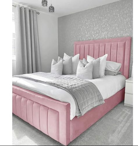 Attock Beds Chesterfield Border Panel Bed Frame - UK made - Double/King/Super King Size Plush Velvet Fabric Upholstered (Pink Plush, King (U.K. Standard))