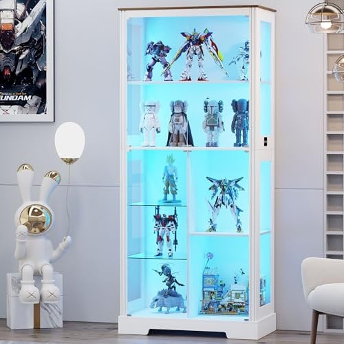 Gurexl Display Cabinet with Glass Doors,70'' Curio Cabinet with Adjustable Glass Shelf,4-Tier Display Cases with 3 Color Lights for Collectibles,Storage Cabinets with Human Body for Books,Toys,White
