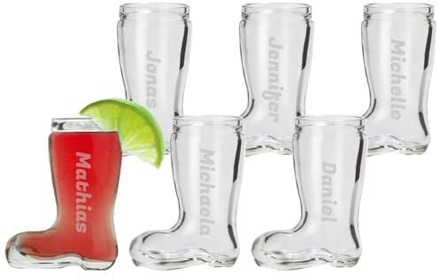LUXENTU Schnapsgläser Stiefel mit Gravur, Name vertikal, 4 cl, 6 Stück | Personalisierte Stamper, individuelle Namensgravur, Geschenk zur Hochzeit oder Geburtstag, Spülmaschinenfest