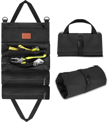 MORROWIND Roll up Tool Bag, Heavy Duty Portable Tool Organizer with Waterproof Oxford Cloth and Zipper Pouch, Rollable Carrying Storage for Mechanics Electricians and Repairmen, Black