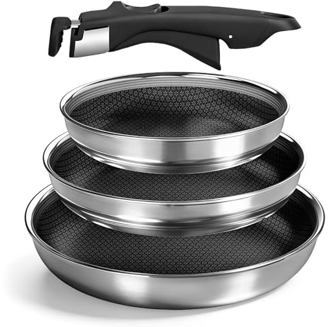 Kitchen Academy Frying Pan with Detachable Handle Frying Pan Set Nonstick Stainless Steel Induction Hob Pan Set 20 24 28CM, Non Toxic Cookware All Hobs with Removable Handle 4PCS