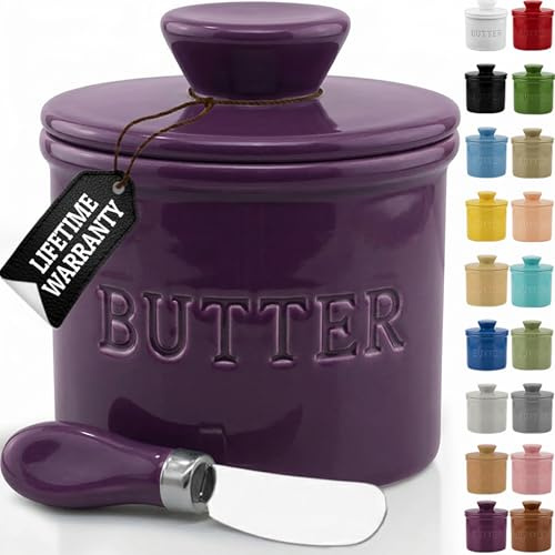 PriorityChef Butter Crock with Lid with Water Line,Ceramic French Butter Dish to Leave On Counter, Purple
