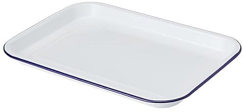 Bandeja de servir esmaltada, color blanco con borde azul, 33,5 x 23,5 cm, bandeja rectangular
