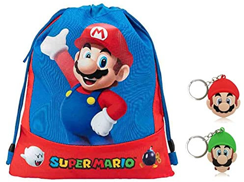 Scuola Turnbeutel Super Mario Freizeit Fitnessstudio + Geschenk Schlüsselanhänger Super Mario oder Luigi und farbiger Stift