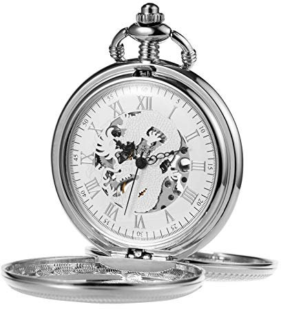 TREEWETO Unisex Taschenuhr mit Kette Analog Handaufzug Mechanisch Doppelscharnier Antik Drache Skelett Für Herren Damen Silber