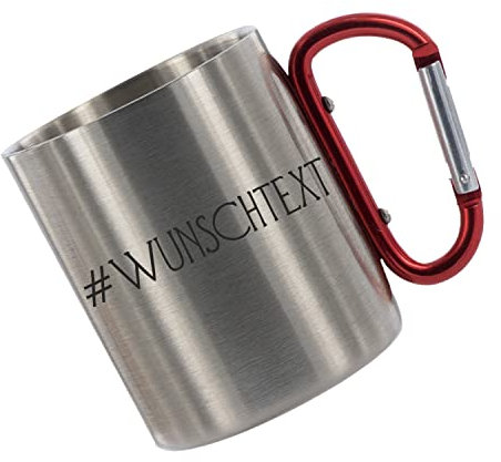 Crealuxe Edelstahltasse mit Karabiner '# Wunschtext' Tasse personalisiert, Kaffeetasse, Bürotasse, Metalltasse mit Name, Gravur