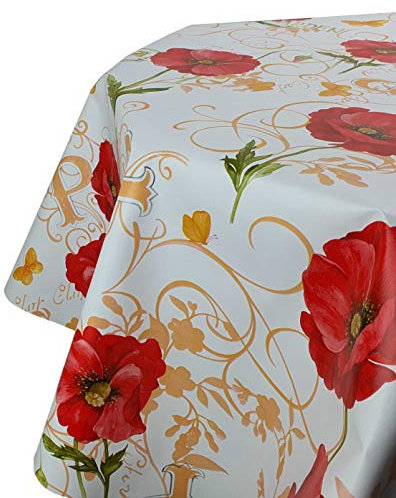 Wachstuchtischdecke Wachstuch Tischdecke Gartentischdecke Rund Oval Klatschmohn Weiß Rund 130 cm abwaschbare Wachstischdecke