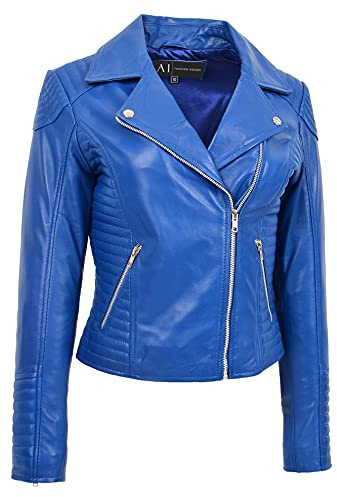 A1 FASHION GOODS Femmes Cuir Véritable Souple Vestes de Motard Aménagée Matelassé Couleurs Assorties Bella (44, Bleu)